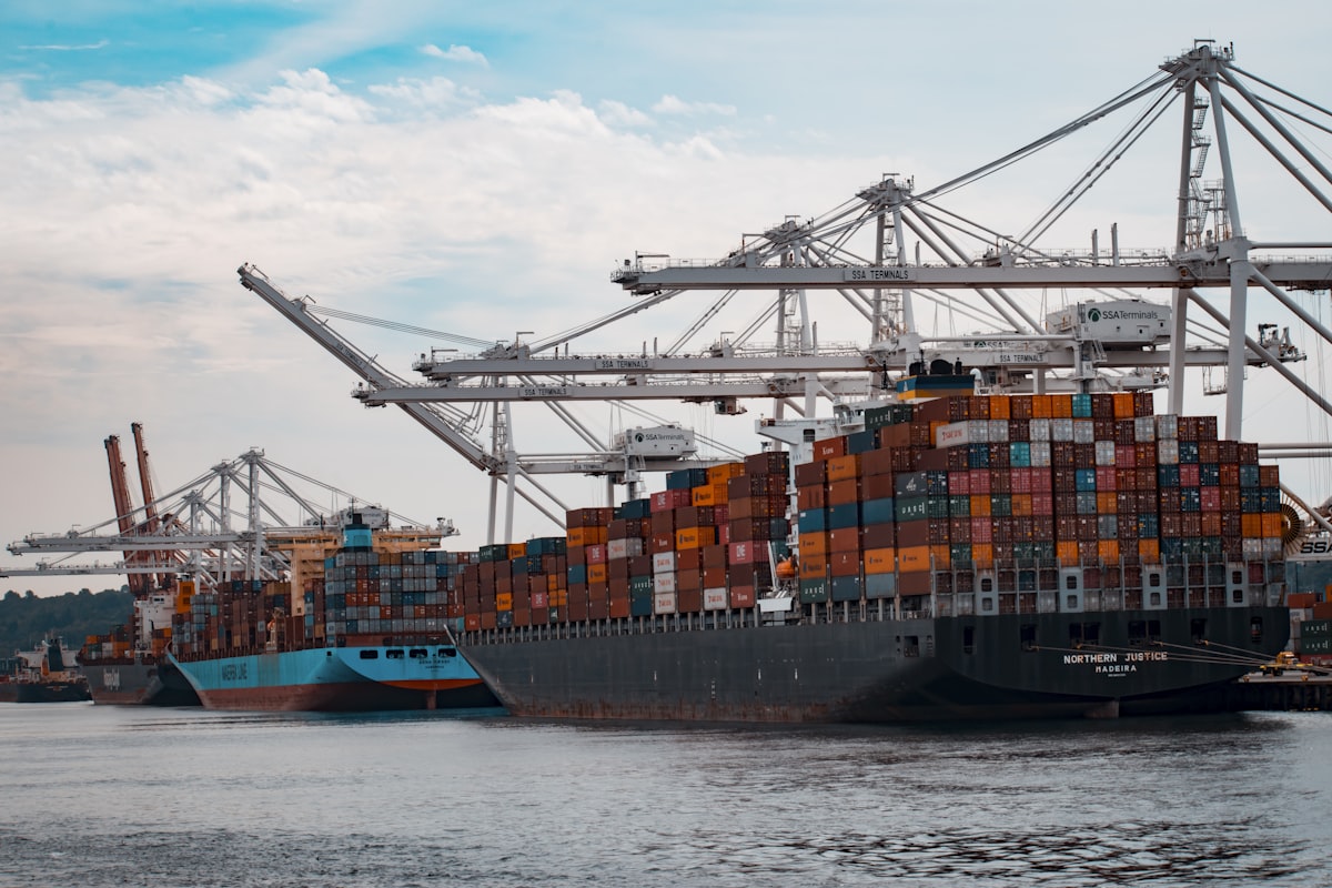 Container port with shipping cranes